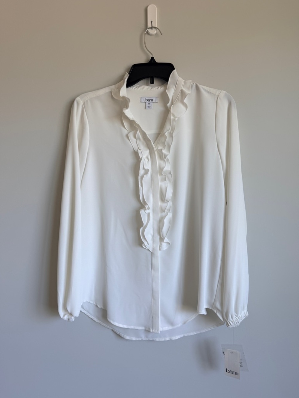 Bar III White Ruffle V-Neck Long Sleeve Blouse